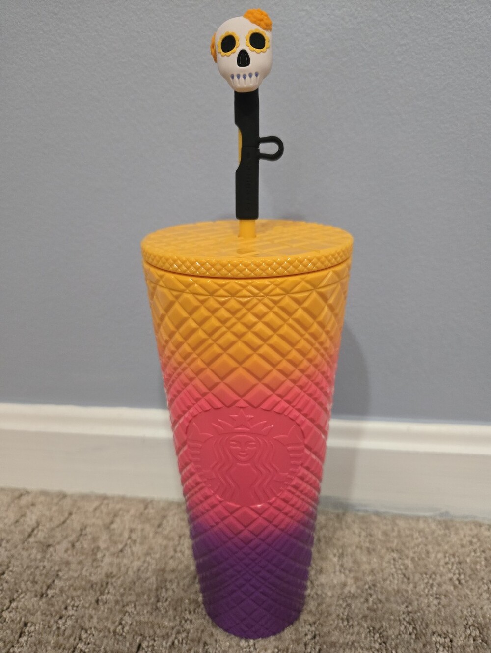 Starbucks Yellow Pink Purple Day Of The Dead Textured Tumbler with Skull Topper